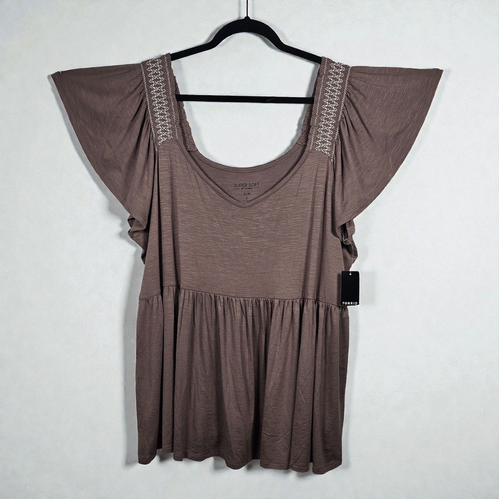 Torrid Babydoll Top Woman 3X Deep Taupe Supersoft Slub Smocked Flutter Sleeve